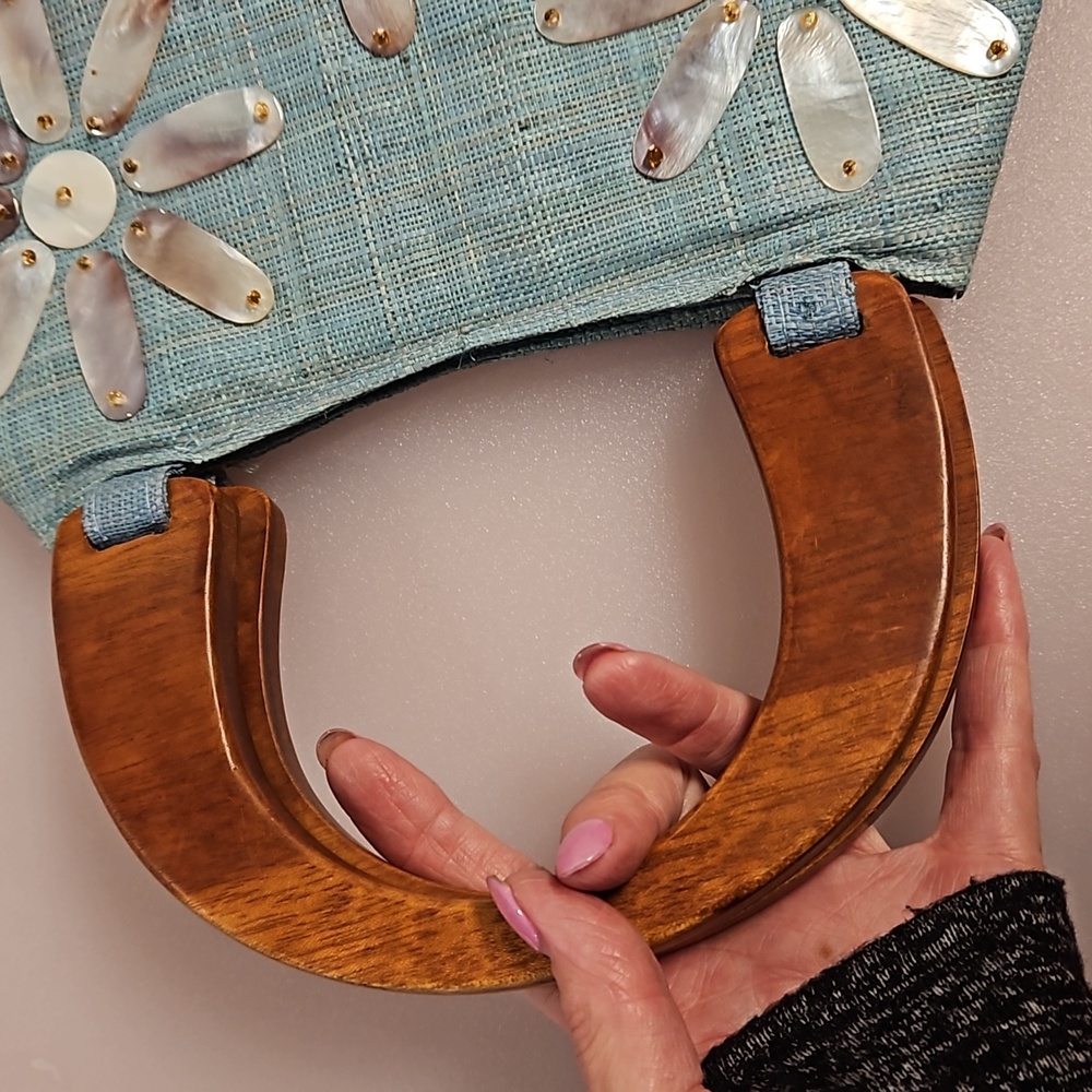 Vintage MOP accents wood handle bag purse 60s style material retro EUC - Picture 7 of 10